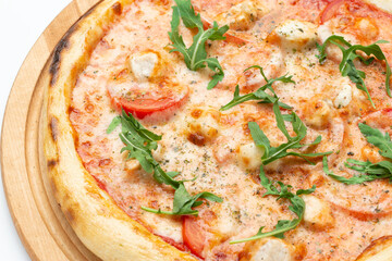 Fresh Italian pizza with arugula and cheese, close-up. Isolated on white background.