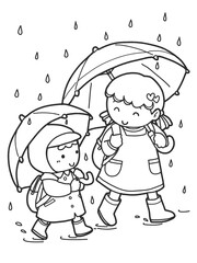 傘をさして歩く姉妹の塗り絵