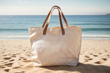 Bag canvas fabric with a view of the calm ocean. copy space