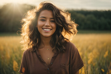 Young happy smiling woman standing in a field with sun shining through her hair. Image created using artificial intelligence.