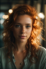 Fototapeta premium beautiful woman with freckles taking a selfie looking at the camera . Image created using artificial intelligence.