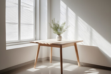 a white wooden table with white walls s large window