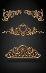Ornate golden stucco for baroque furniture, isolated on white background, 3d rendering, 3d illustration
