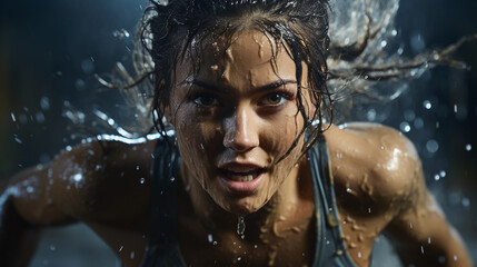 A woman professional athlete in action under the rain