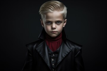 Fototapeta premium Boy wearing vampire costume on plain and dark background in halloween night. Generative AI