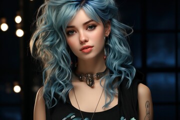Fototapeta premium Beauty Fashion women with dyed blue hair