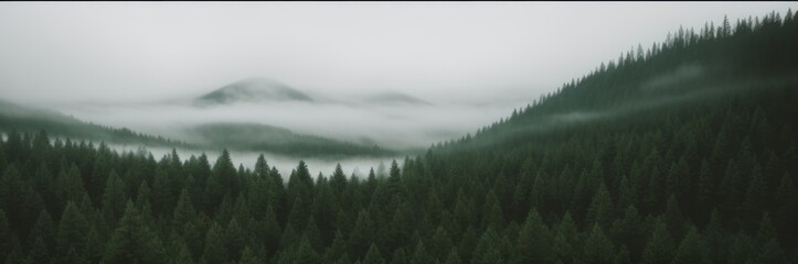 Misty foggy mountain landscape with fir forest and copyspace in vintage retro hipster style