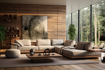 modern living room with sofa and image frame on wooden wall