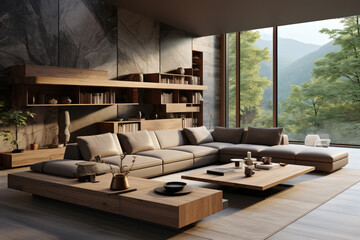 modern living room with wooden sound insulation wall
