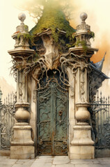 Fototapeta premium Autumnal stone archway entrance to a garden or courtyard with a metal gate adorned with decorations, columns topped with sculptures, a roof covered in foliage with roots intertwining the structure