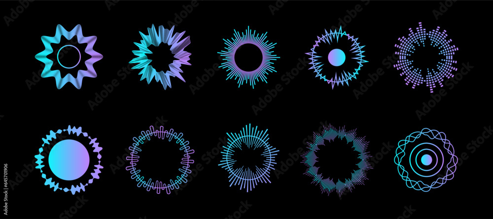 Aufkleber Sound waves. Circle music soundwave. Radial circular frequency effect. Audio equalizer geometric shapes. Voice vibration. Signal impulse. Abstract pattern. Vector gradient waveforms set