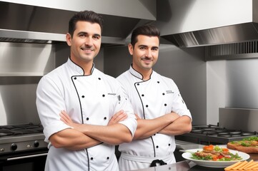 Fototapeta na wymiar Confident owner and skilled male chef standing in his commercial kitchen with folded arms, exuding pride and happiness