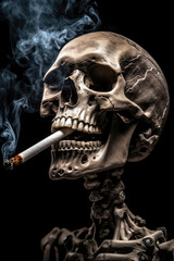 Skeleton smoke cigarette, black background