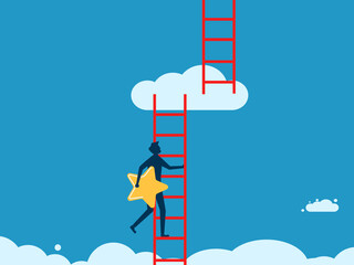 Improving business to have better quality. Businessman with stars climbing up the stairs vector