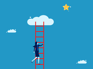 Ambitious concept. Businesswoman climbs up the stairs to catch the stars. vector