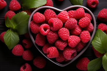 Red ripe raspberry berries in the shape of a heart with green leaves 