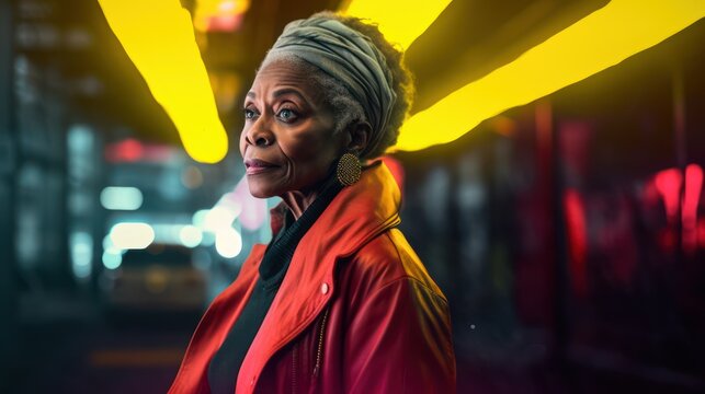 Mature Older Black Woman With Grey Hair In City Photoshoot, Urban Fashion, Bold Contrast With Bokeh Background, Generative Ai, 