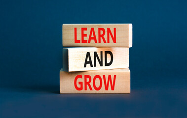 Learn and grow symbol. Concept word Learn And Grow on beautiful wooden block. Beautiful grey table grey background. Business, education learn and grow concept. Copy space.