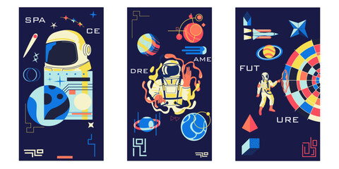 Galaxy astronaut. Space exploration. Cosmonaut in spacesuit. Geometric shapes. Psychedelic astronomy science. Futuristic spaceman. Universe planets and cosmic rockets. Vector posters set