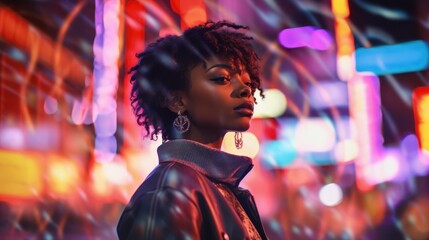 beautiful black woman with afro hair in city photoshoot, urban fashion, bold contrast with bokeh background, generative ai, 