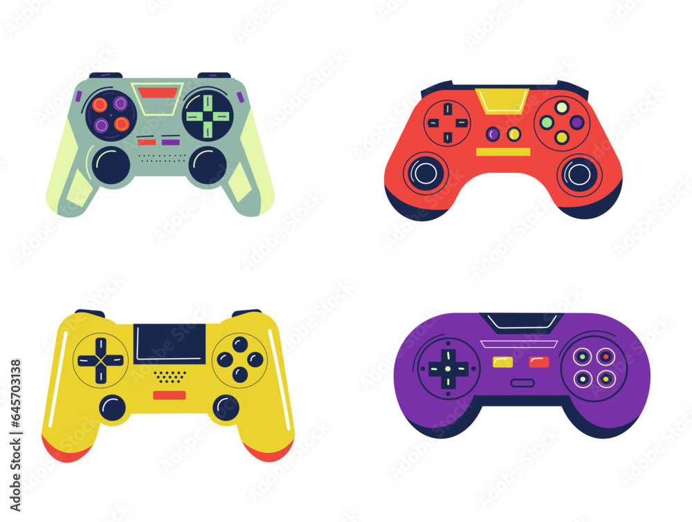 Poster joystick set. colorful controllers for video games. different bright gamepads collection. wireless e