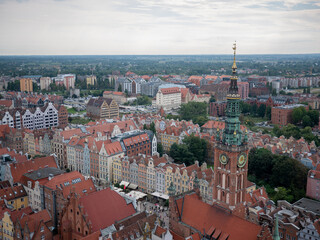 Gdańsk City Center from above with a view of Długa Street and Gdańsk Town Hall tower