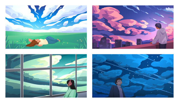 Travel people. Sky clouds. Adventures in nature and city. Admire sunrise. Man or woman journey. Couple looking at window. Meadow or urban landscape. Vector cartoon illustrations set