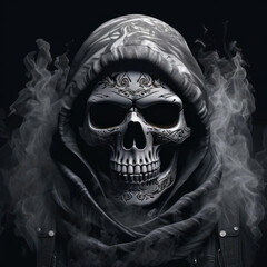 Human skull, bandana, black and grey