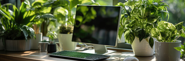 workplace monitor near window with many green potted plants, panoramic - Powered by Adobe