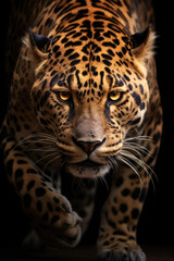Jaguar Walking down, penetrating eyes, frontal shot, tattoo design, better light