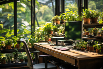 Sunny workplace with many plants