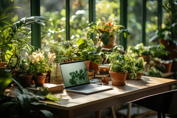 workplace with laptop near window with many planters