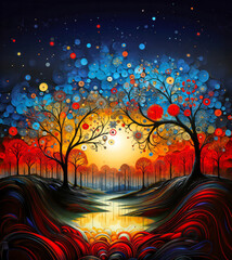 Obraz premium pointilism art trees, forest, landscape, stars, water, river and waves. colorful artwork as wallpaper, background, generative ai