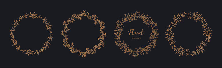 Elegant vector floral frames with hand drawn flowers, branches and leaves. Line and silhouette style wreath for label, corporate identity, wedding invitation, save the date, logo © Feodora_21