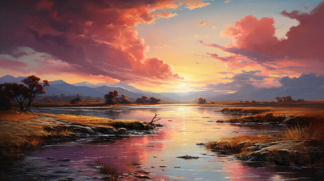 Oil Painting of Small Water Lake Under a Cloudy Sky During Sunset