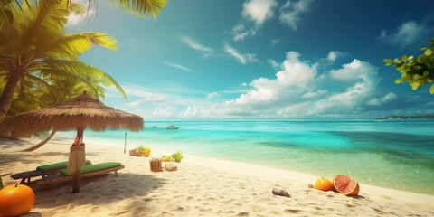 Fototapeta na wymiar Travel Concept of Summer Vocation at The Tropical Island Beach Coconut Trees