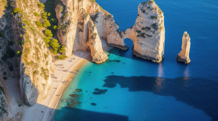 Fototapeta premium Dramatic Cliffside View of Turquoise Waters Cliff Formations Aerial View