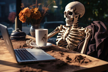 Remains of a skeleton sitting at the computer with coffee steaming on the desk next to laptop - obrazy, fototapety, plakaty