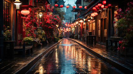 Fototapeta na wymiar Narrow Alleyway Japan Empty Street Wet Stone Path at Evening