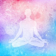 Transparent image of a person sitting in a meditative pose in front of a pastel watercolor background
