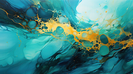 Abstract Fluid Art Painting of Alcohol Ink Technique Blue and Gold Background