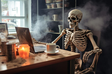 Remains of a skeleton sitting at the computer with coffee steaming on the desk next to laptop