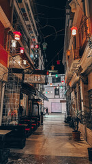 Street with cafe and restaurant tables. Restaurant tables on the street. Travel in Turkey.