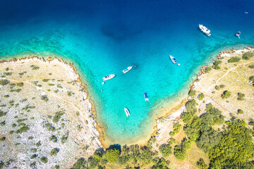 Secret turquoise beach yachting and sailing aerial view, Island of Krk