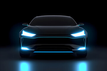 Front view of black luxury new ev car with blue neon glowing - obrazy, fototapety, plakaty