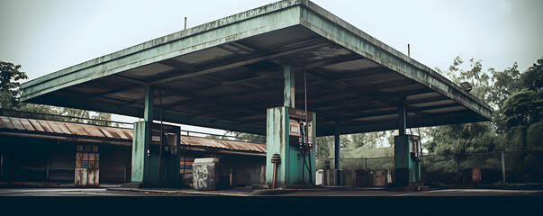 Fototapeta premium Retro abandoned gasoline petrol station with rusty dispensers