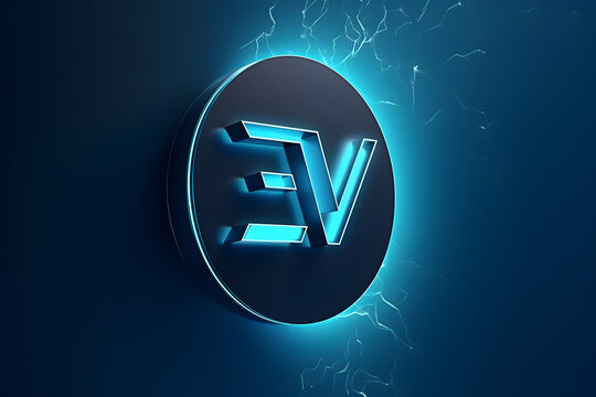 Electric vehicle EV symbol in circle with turquoise neon glow on dark wall
