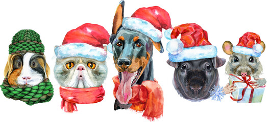 Border from watercolor portraits of dog, guinea pig, cat, mini pig, and rat