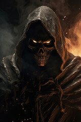 The grim reaper close up, smirk and defiance, intricately stylized skull, smoke and shadows effects - obrazy, fototapety, plakaty