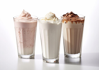 Various creamy milkshakes with whipped cream on white background.Macro.AI Generative